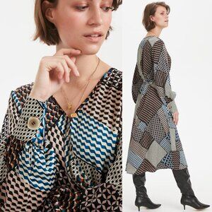 Kaffe Kaselina retro balloon sleeve tie belt scarf print midi dress medium